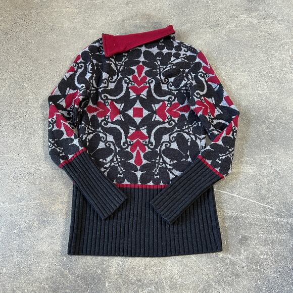 Krimson Klover Turtleneck Sweater Womens XS Black Red Wool Geometric Diamond - Picture 3 of 8